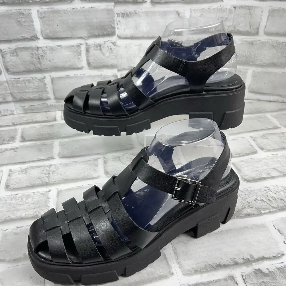 Wild Pair Women’s 10 Heraa Adjustable Black Fisherman Platform Lug Sole Sandals